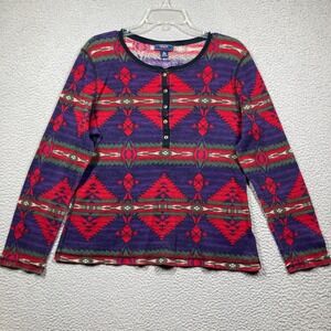 Chaps Denim Thermal Henley Top Womens XL Southwestern Waffle Knit Purple Red